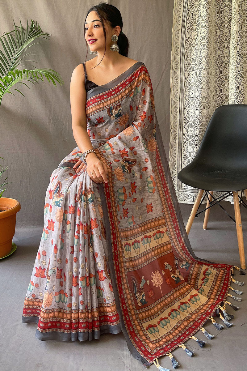 Periwinkle Grey Kalamkari Printed Cotton Silk Saree