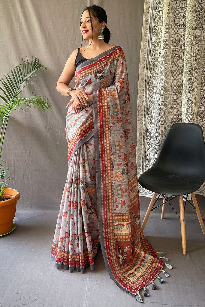 Periwinkle Grey Kalamkari Printed Cotton Silk Saree