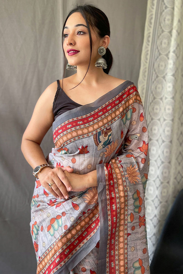 Periwinkle Grey Kalamkari Printed Cotton Silk Saree