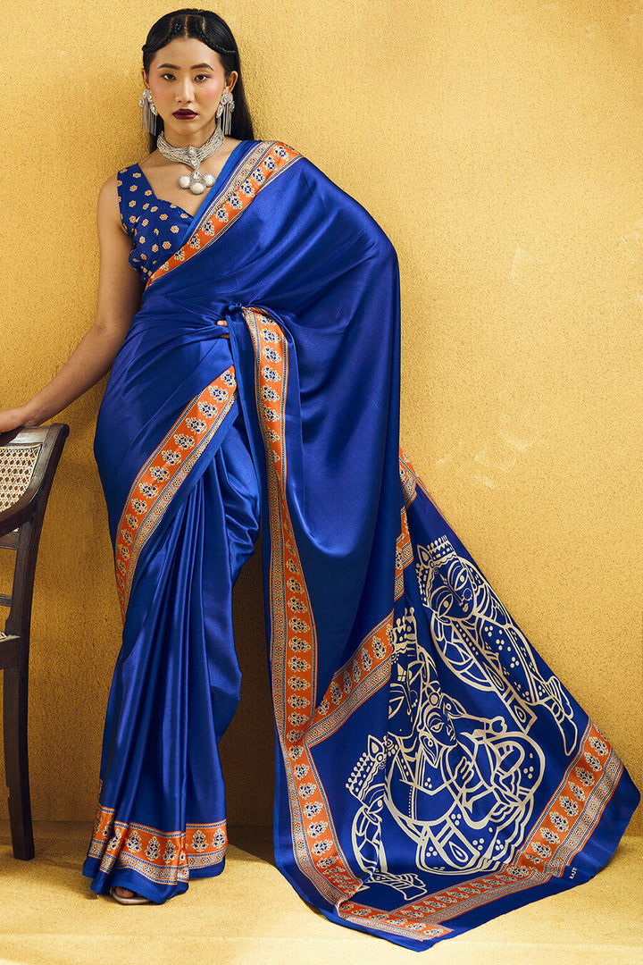 Persian Blue Ajrakh Printed Satin Silk Saree
