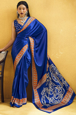 Persian Blue Ajrakh Printed Satin Silk Saree