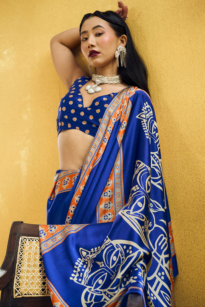 Persian Blue Ajrakh Printed Satin Silk Saree