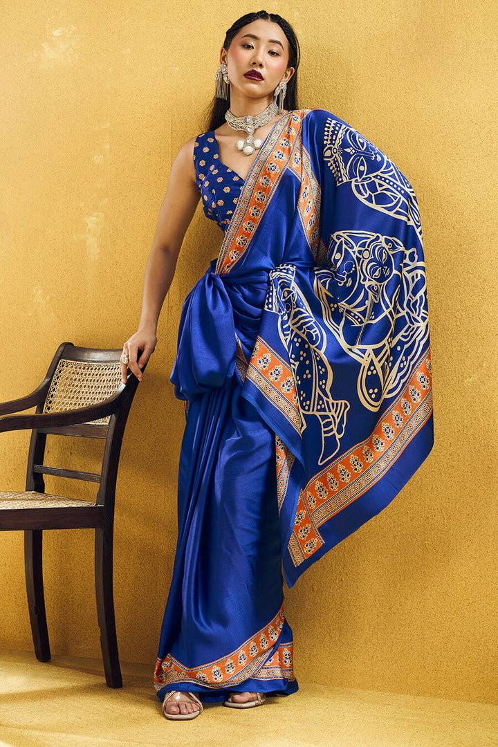 Persian Blue Ajrakh Printed Satin Silk Saree