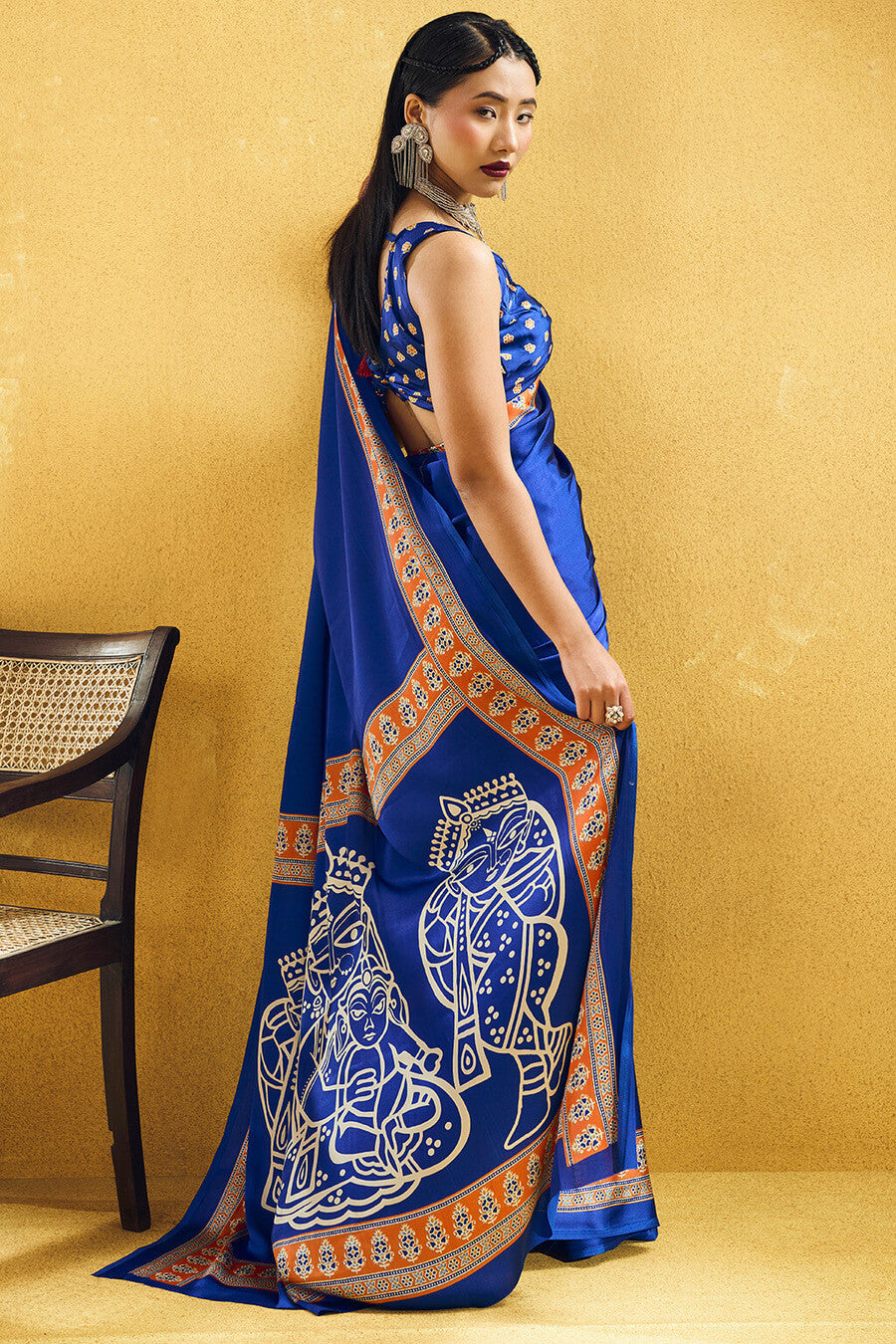 Persian Blue Ajrakh Printed Satin Silk Saree