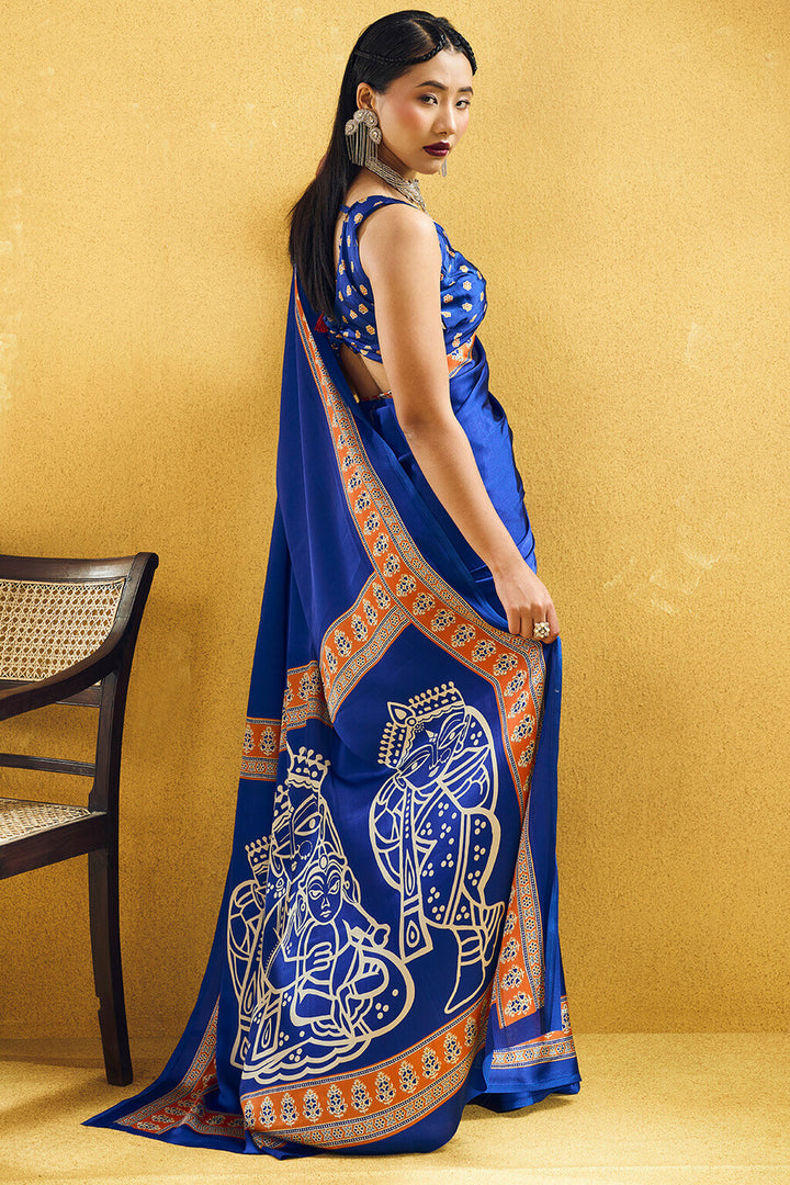 Persian Blue Ajrakh Printed Satin Silk Saree