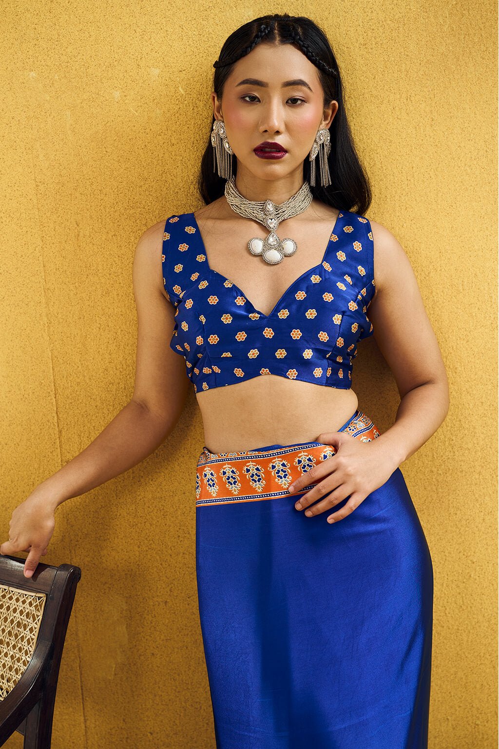 Persian Blue Ajrakh Printed Satin Silk Saree