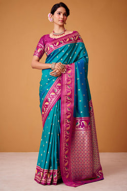 Persian Blue Banarasi Soft Satin Silk Saree