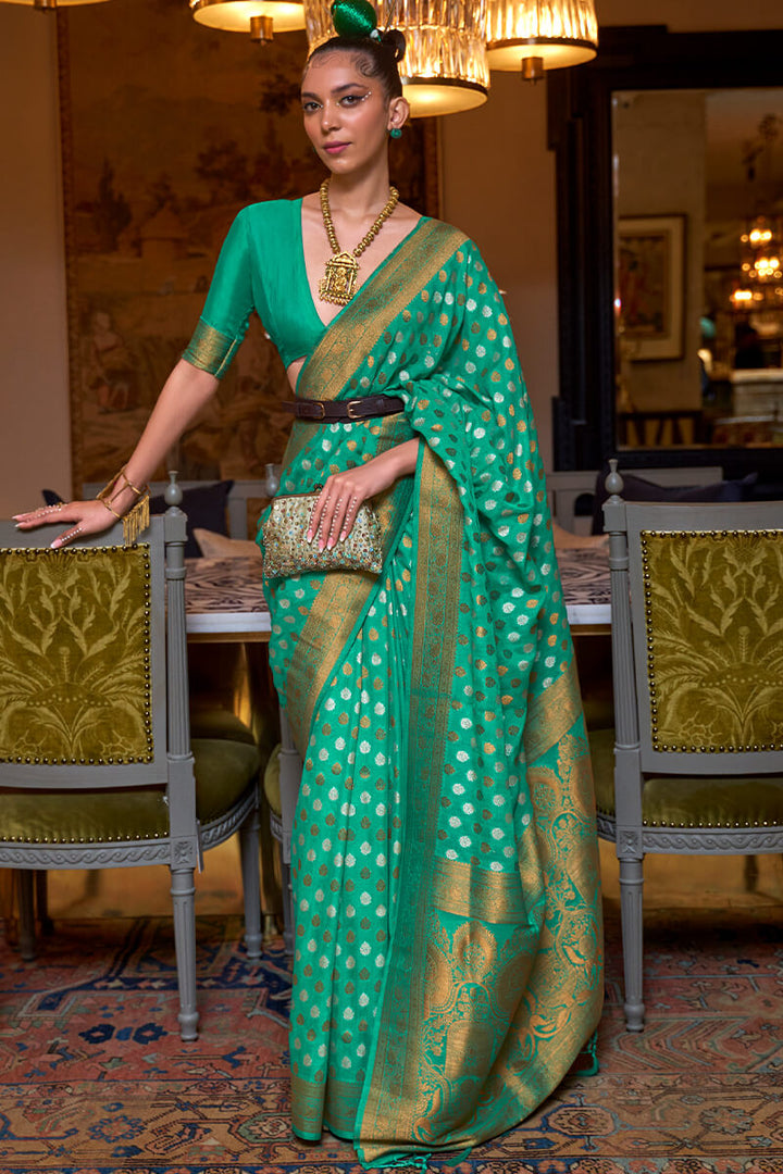 Persian Green Copper Zari Woven Banarasi Silk Saree