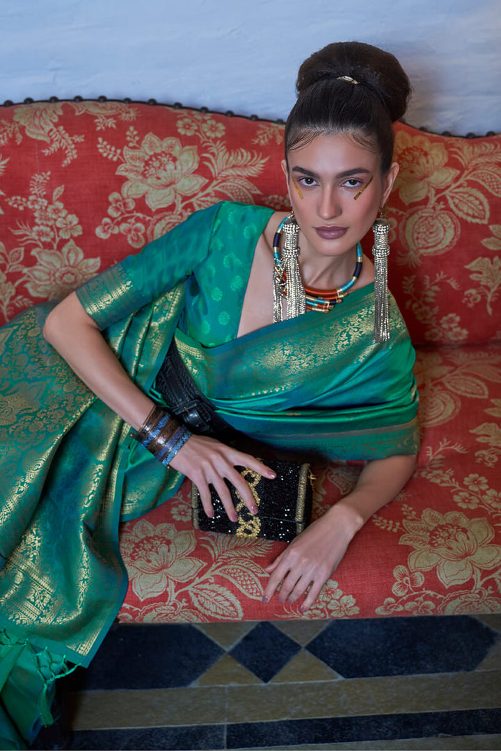 Persian Green Dual Tone Zari Woven Banarasi Silk Saree