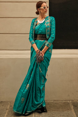 Persian Green Zari Line Banarasi Satin Silk Saree