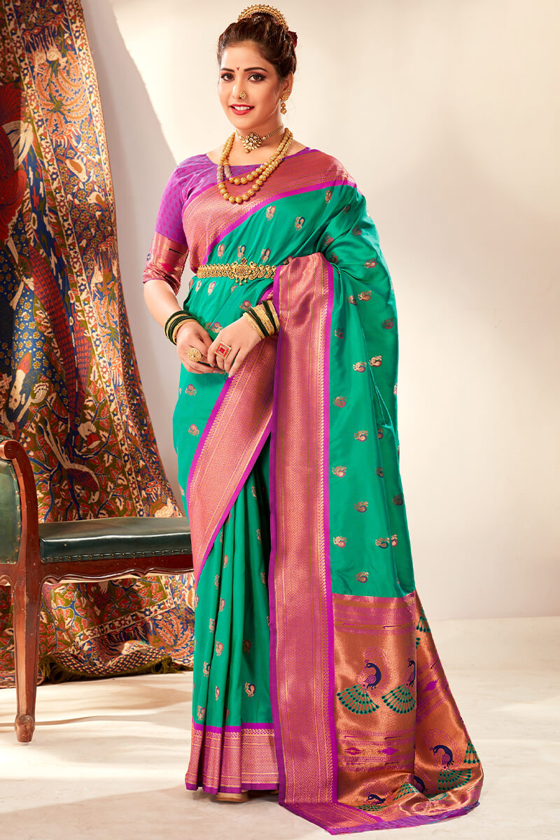 Persian Green Zari Woven Paithani Silk Saree