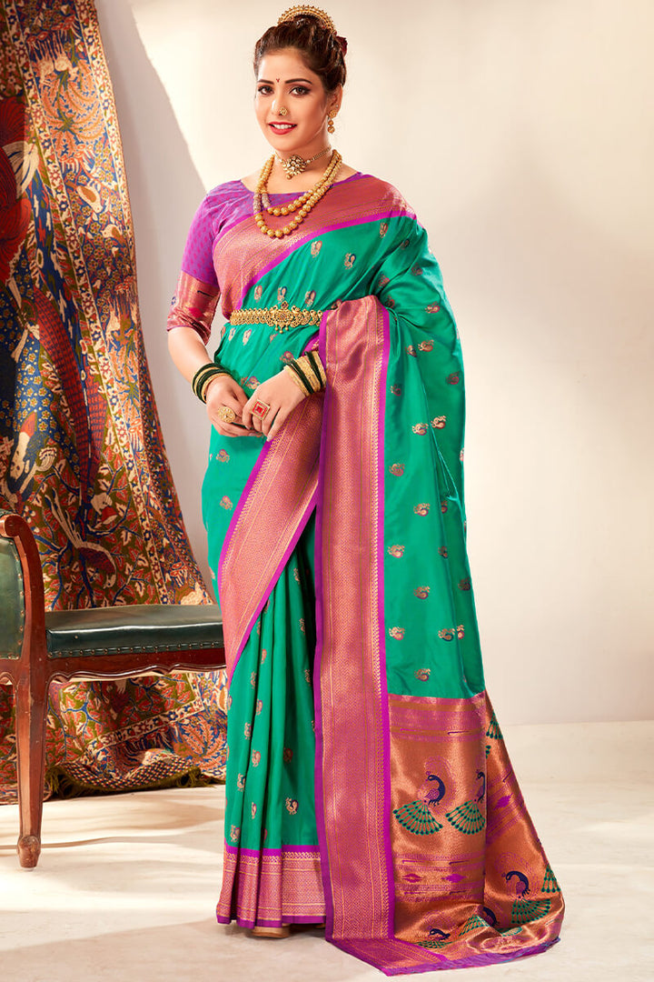 Persian Green Zari Woven Paithani Silk Saree