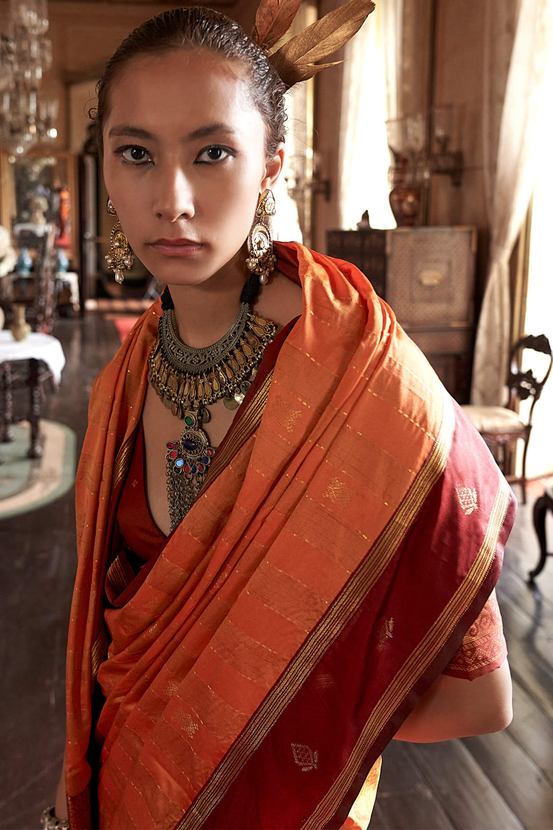 Persian Orange Banarasi Tussar Silk Saree