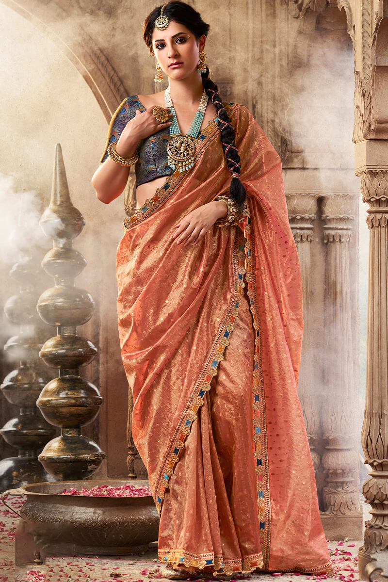 Persian Orange Pure Tissue Silk Saree with Multicolor Lace Border