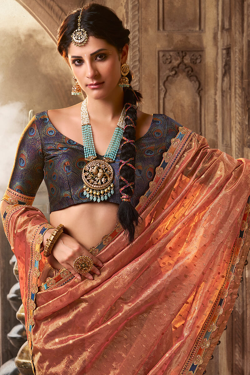 Persian Orange Pure Tissue Silk Saree with Multicolor Lace Border