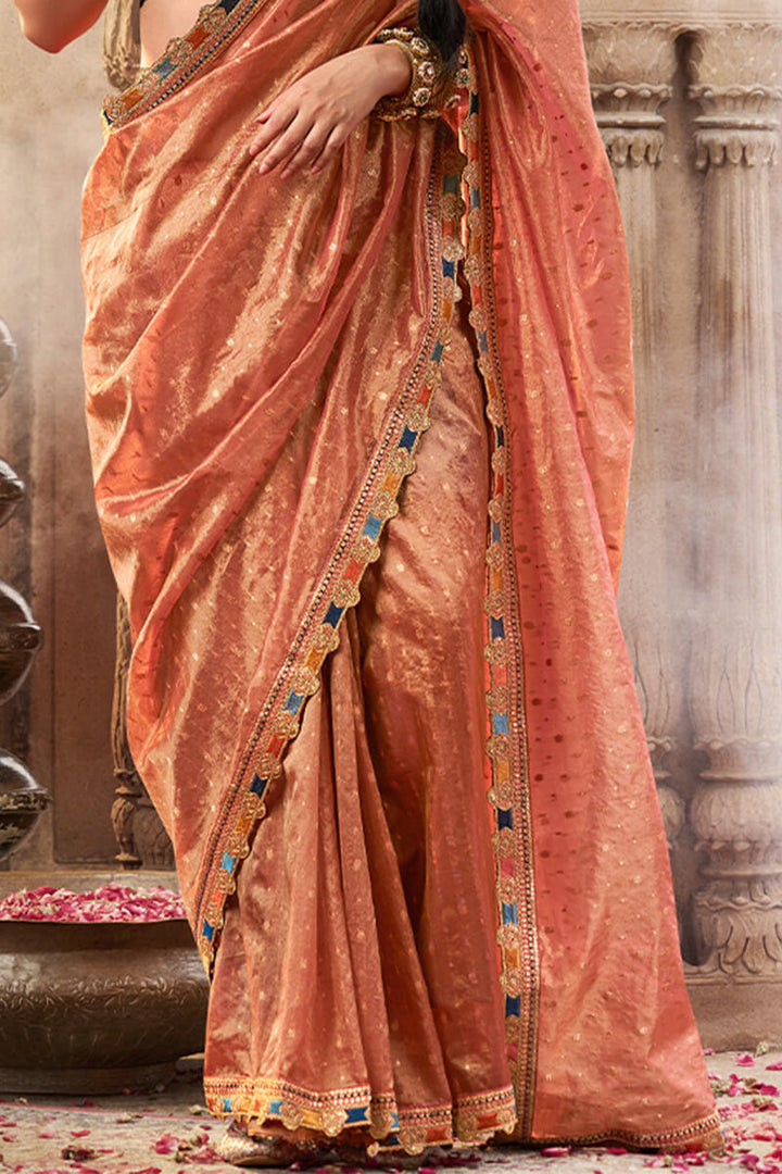 Persian Orange Pure Tissue Silk Saree with Multicolor Lace Border