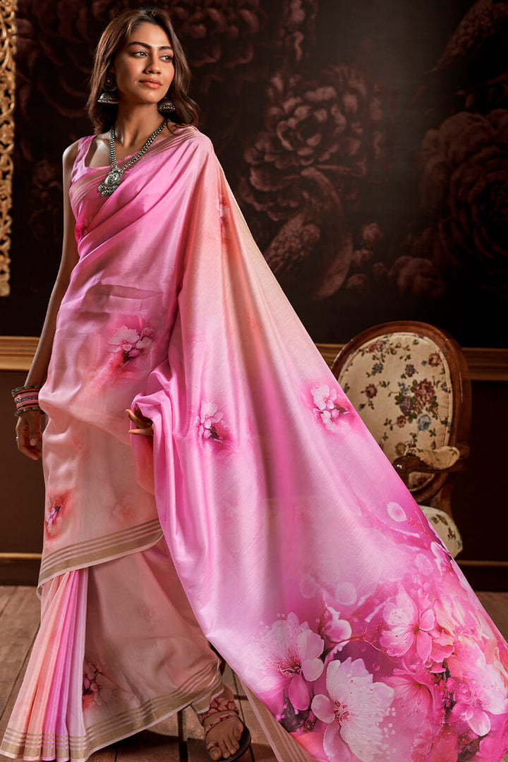 Persian Pink Floral Printed Silk Saree