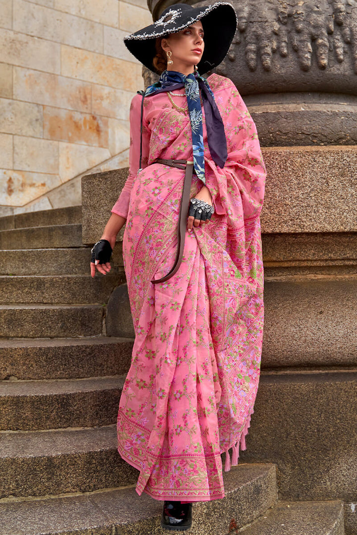 Persian Pink Kashmiri Weaving Organza Silk Saree