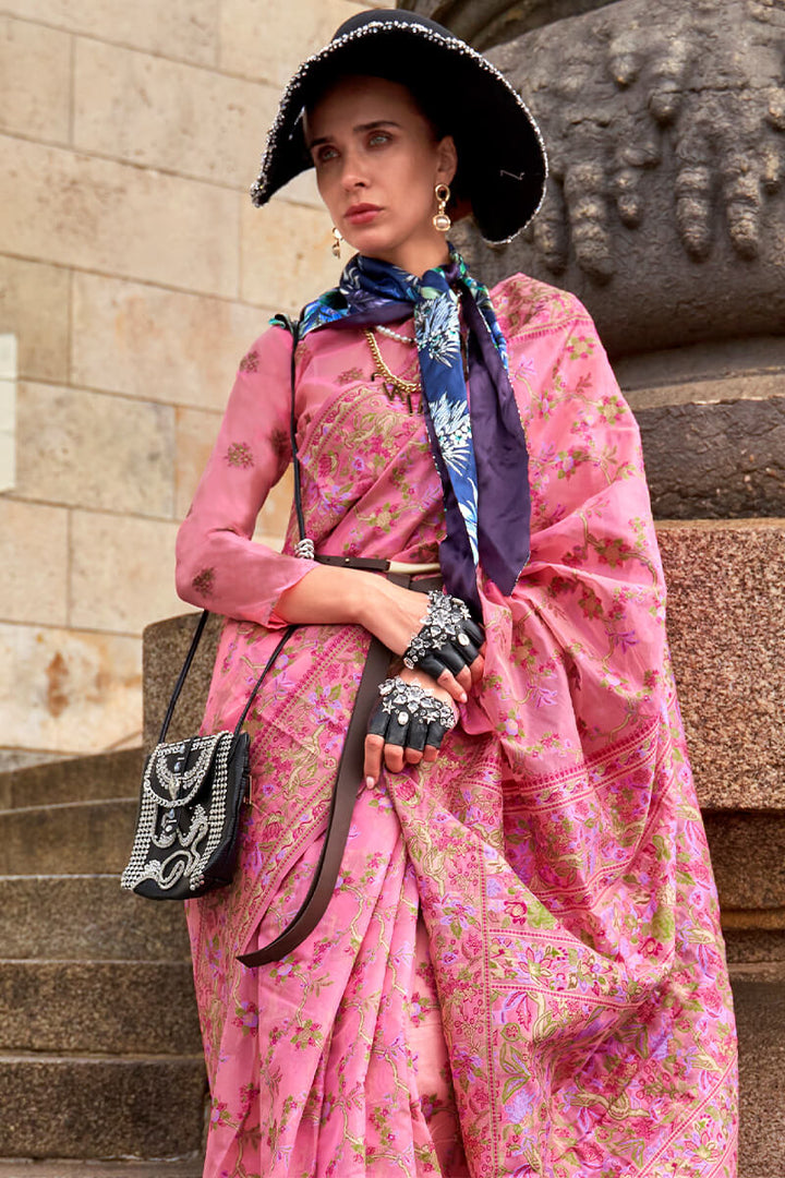 Persian Pink Kashmiri Weaving Organza Silk Saree