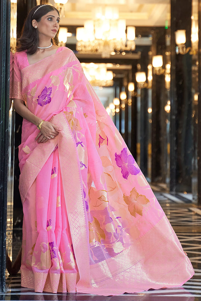 Persian Pink Zari Woven Linen Silk Saree