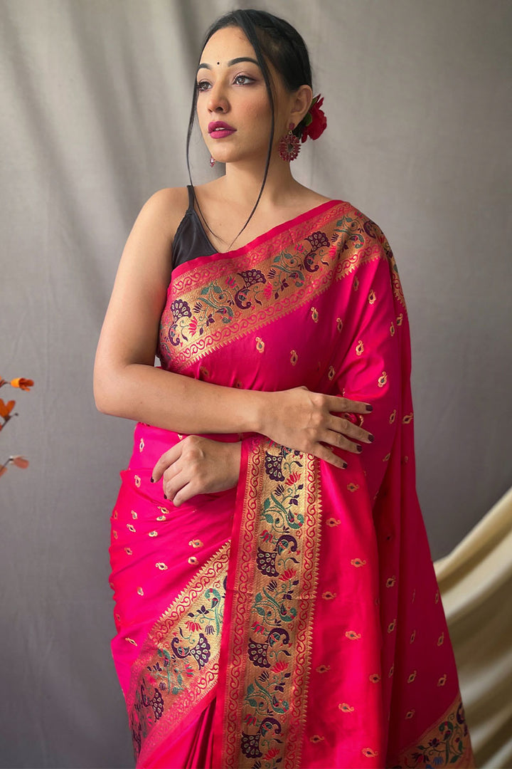 Persian Rose Pink Zari Woven Paithani Silk Saree