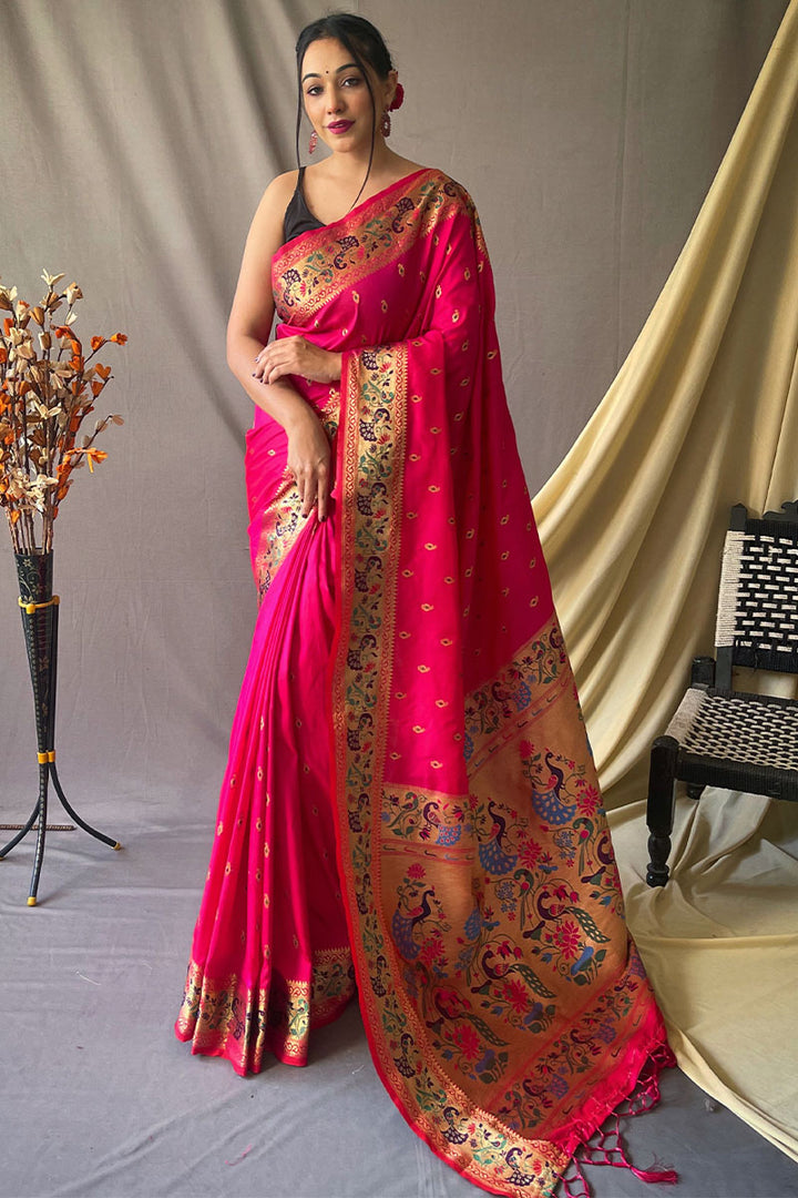 Persian Rose Pink Zari Woven Paithani Silk Saree