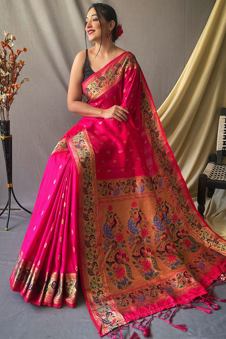 Persian Rose Pink Zari Woven Paithani Silk Saree