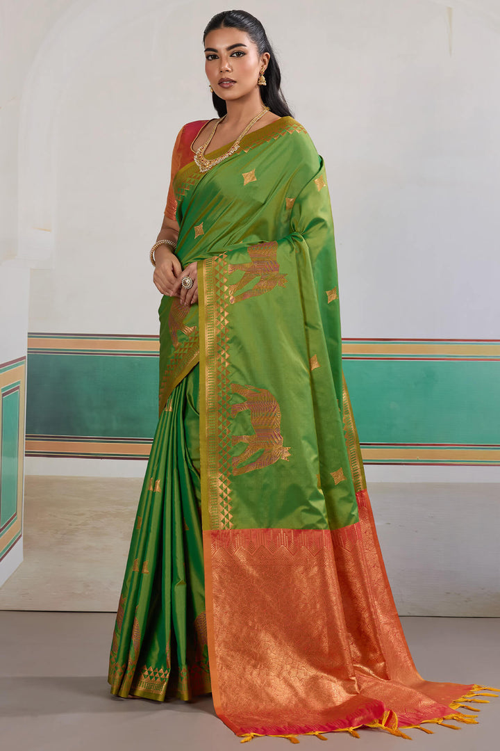 Pesto Green Zari Woven Banarasi Silk Saree