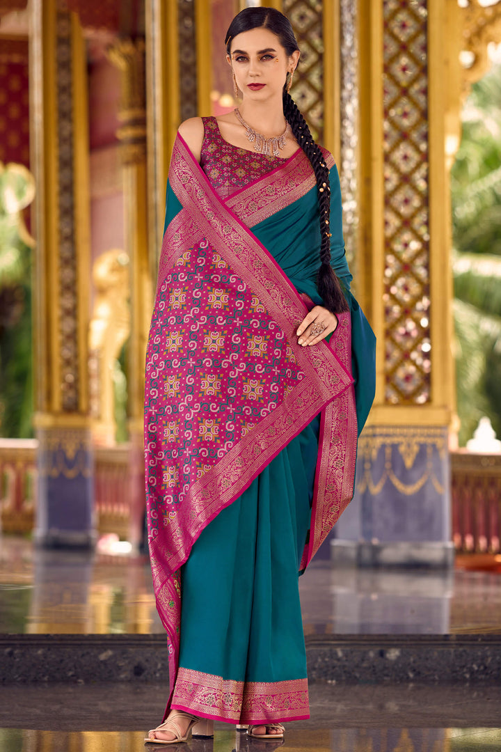 Petrol Blue Zari Woven Soft Silk Saree