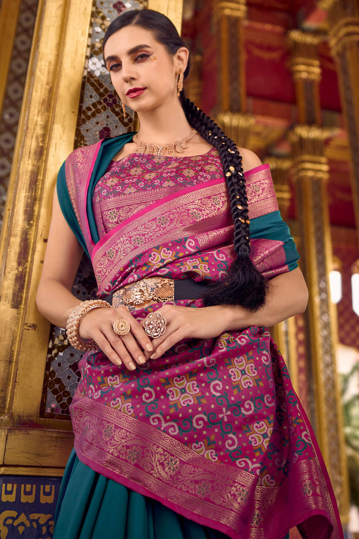Petrol Blue Zari Woven Soft Silk Saree