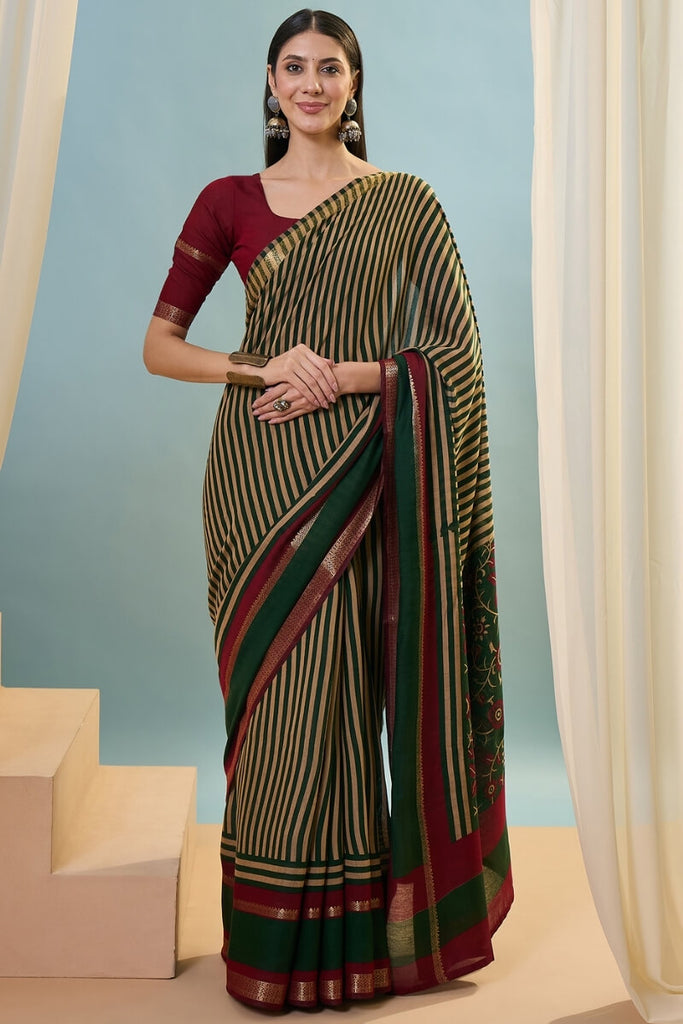 Phthalo Green Printed Cotton Saree with Zari Woven Border