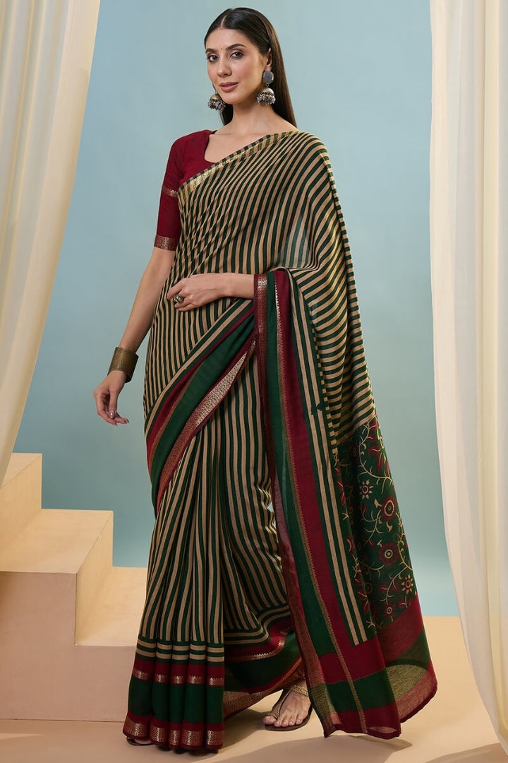 Phthalo Green Printed Cotton Saree with Zari Woven Border