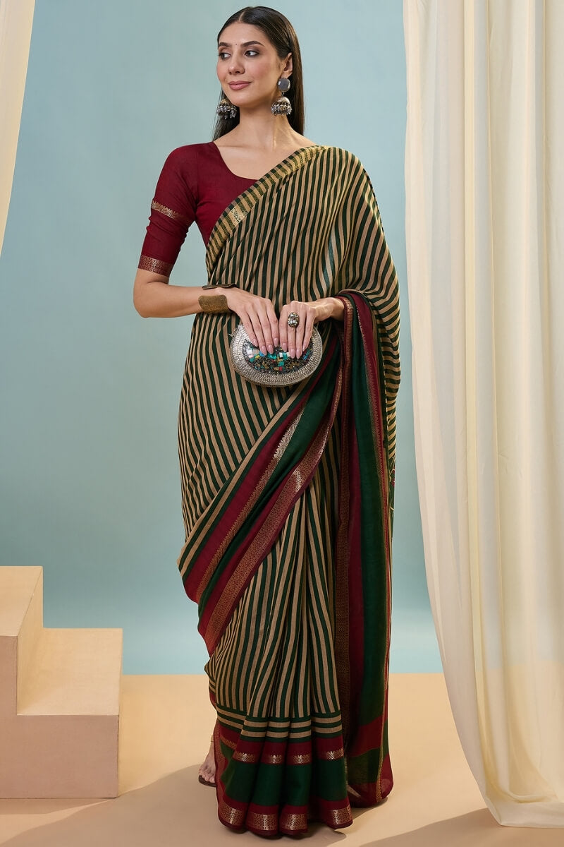 Phthalo Green Printed Cotton Saree with Zari Woven Border