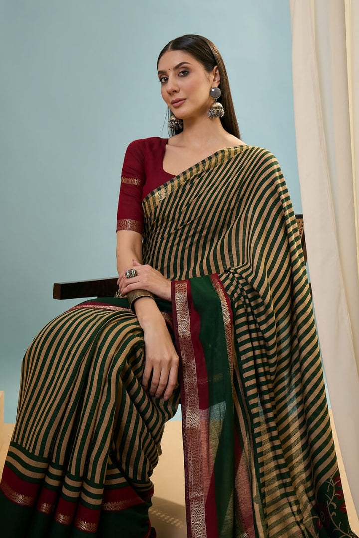Phthalo Green Printed Cotton Saree with Zari Woven Border