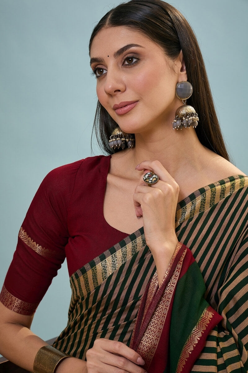 Phthalo Green Printed Cotton Saree with Zari Woven Border