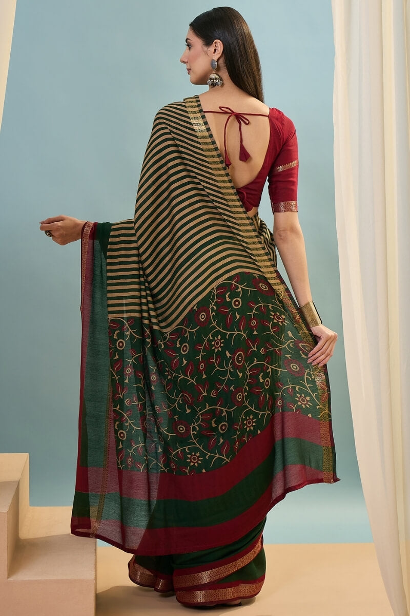 Phthalo Green Printed Cotton Saree with Zari Woven Border