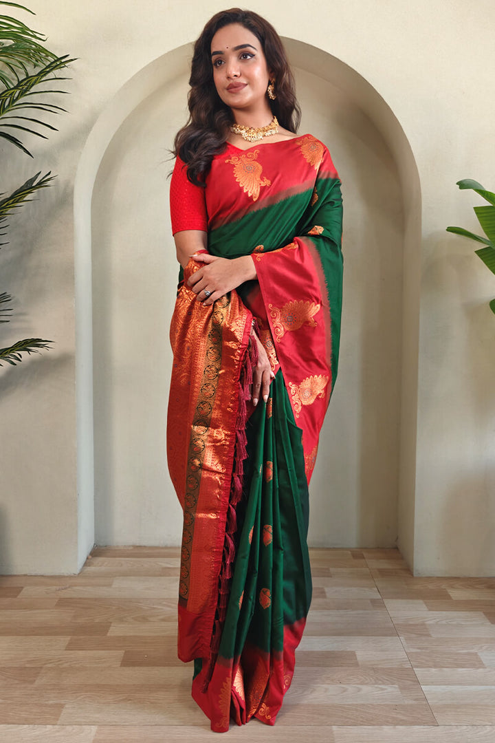 Phthalo Green Soft Banarasi Silk Saree With Chaap Border