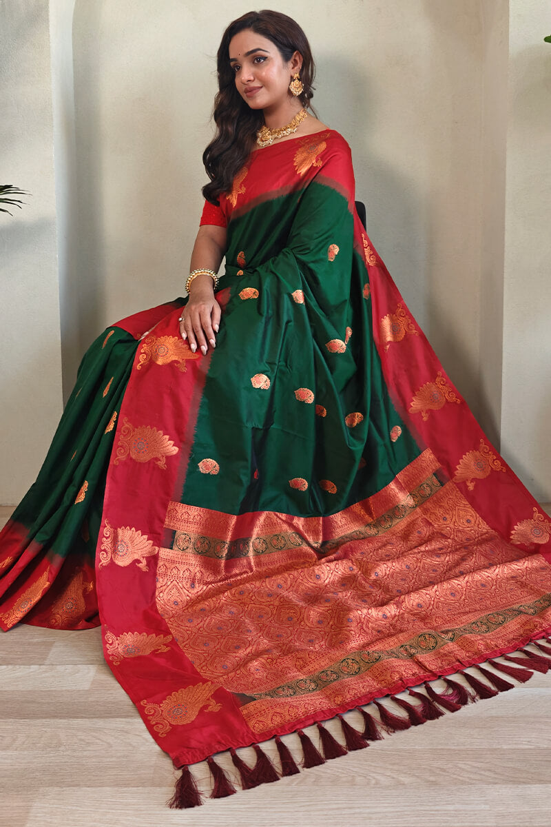 Phthalo Green Soft Banarasi Silk Saree With Chaap Border