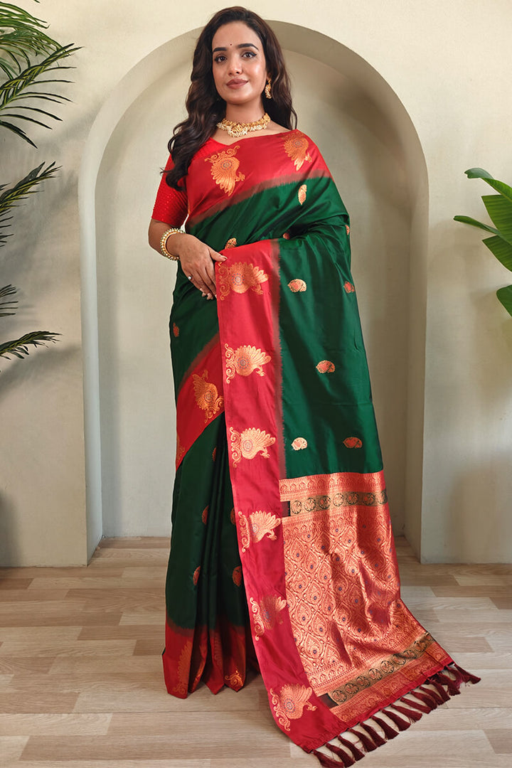 Phthalo Green Soft Banarasi Silk Saree With Chaap Border