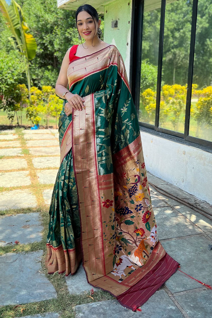 Phthalo Green Zari Woven Paithani Silk Saree