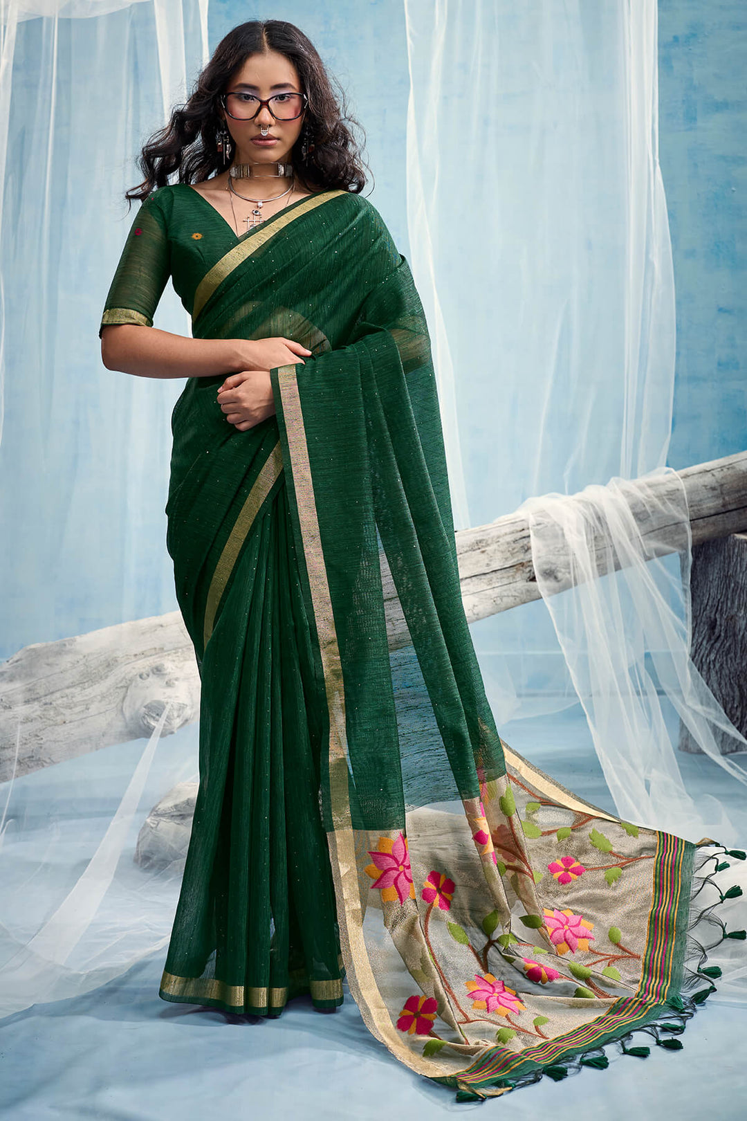 Phthalo Green Zari Woven Pure Munga Cotton saree