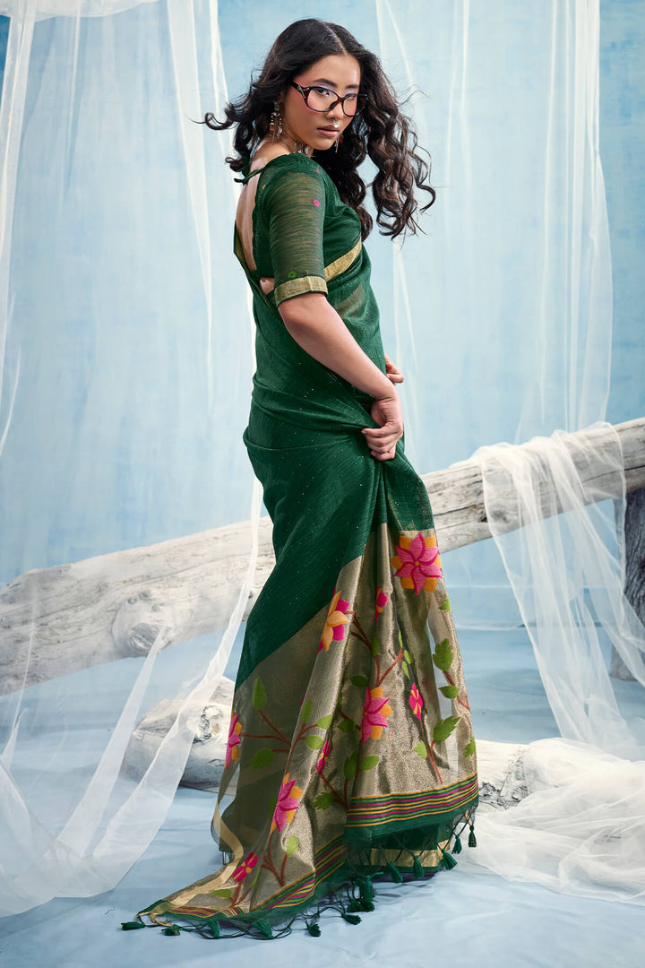 Phthalo Green Zari Woven Pure Munga Cotton saree