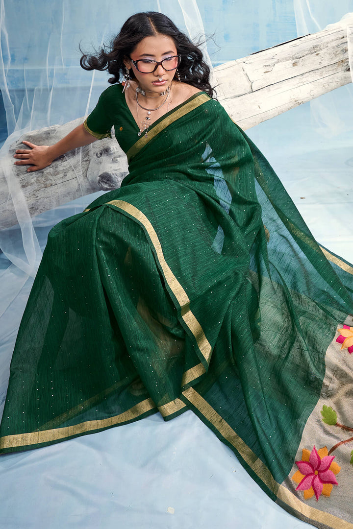 Phthalo Green Zari Woven Pure Munga Cotton saree