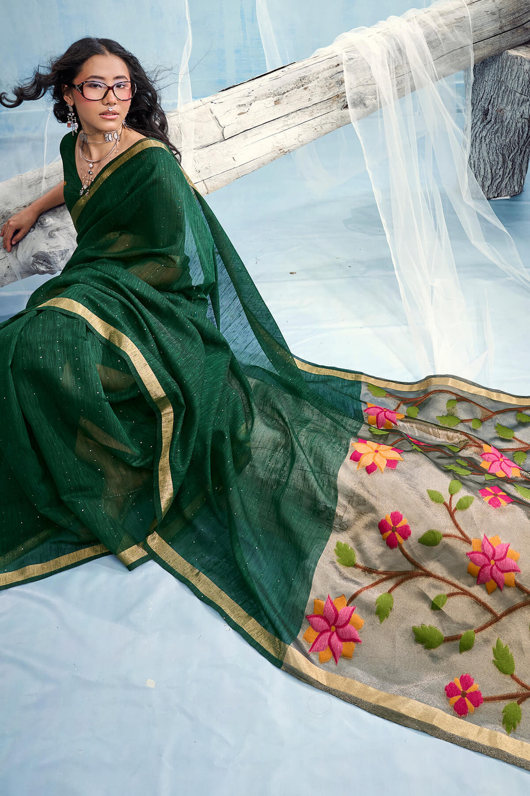 Phthalo Green Zari Woven Pure Munga Cotton saree