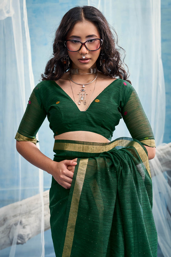 Phthalo Green Zari Woven Pure Munga Cotton saree