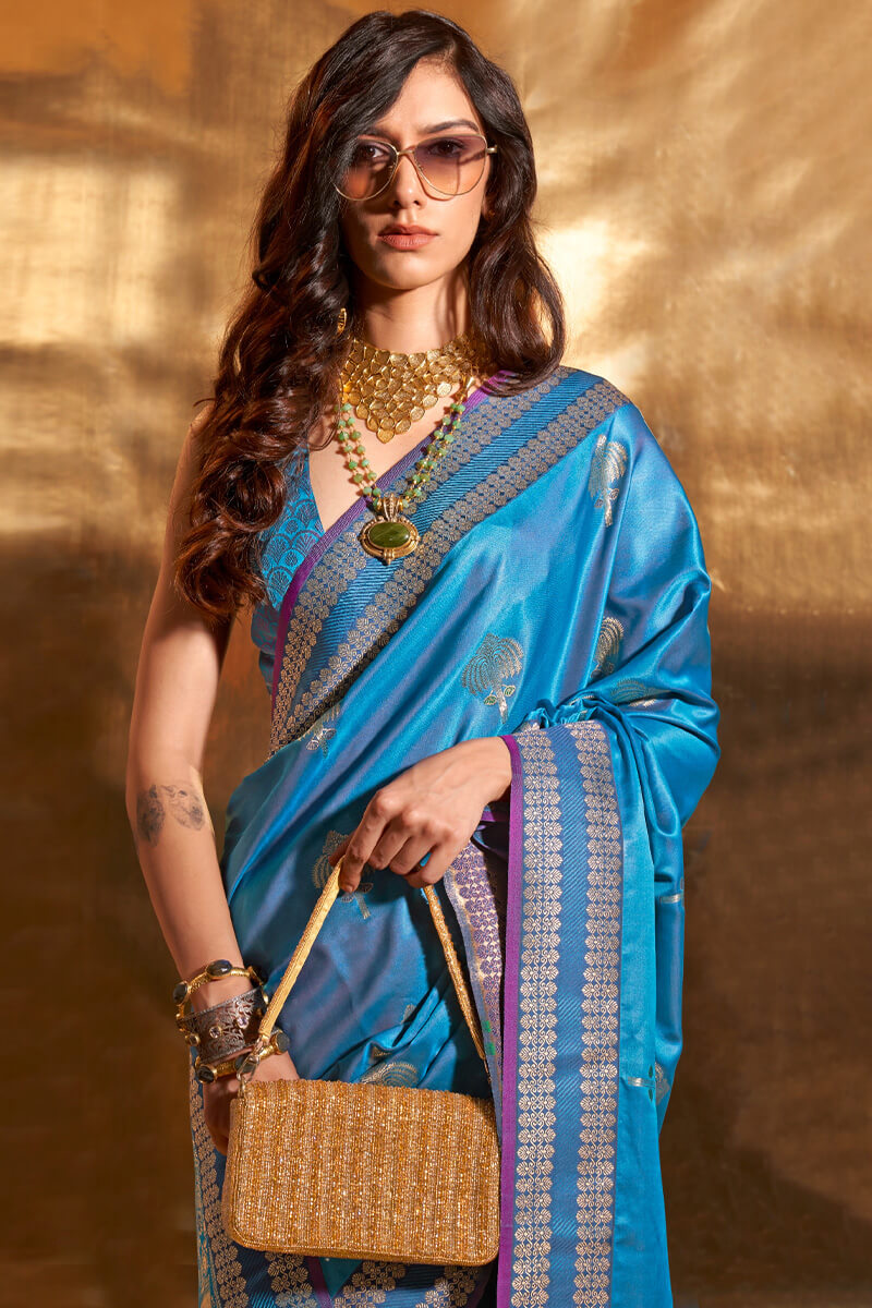 Picton Blue Banarasi Satin Silk Saree