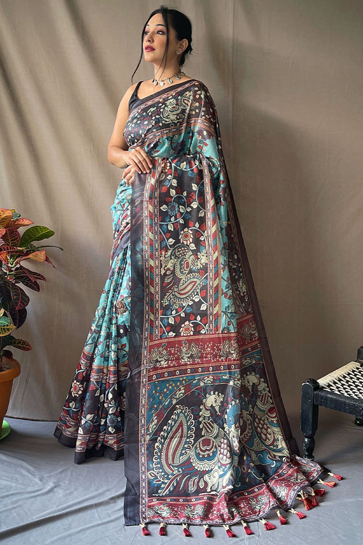 Picton Blue Kalamkari Printed Cotton Saree