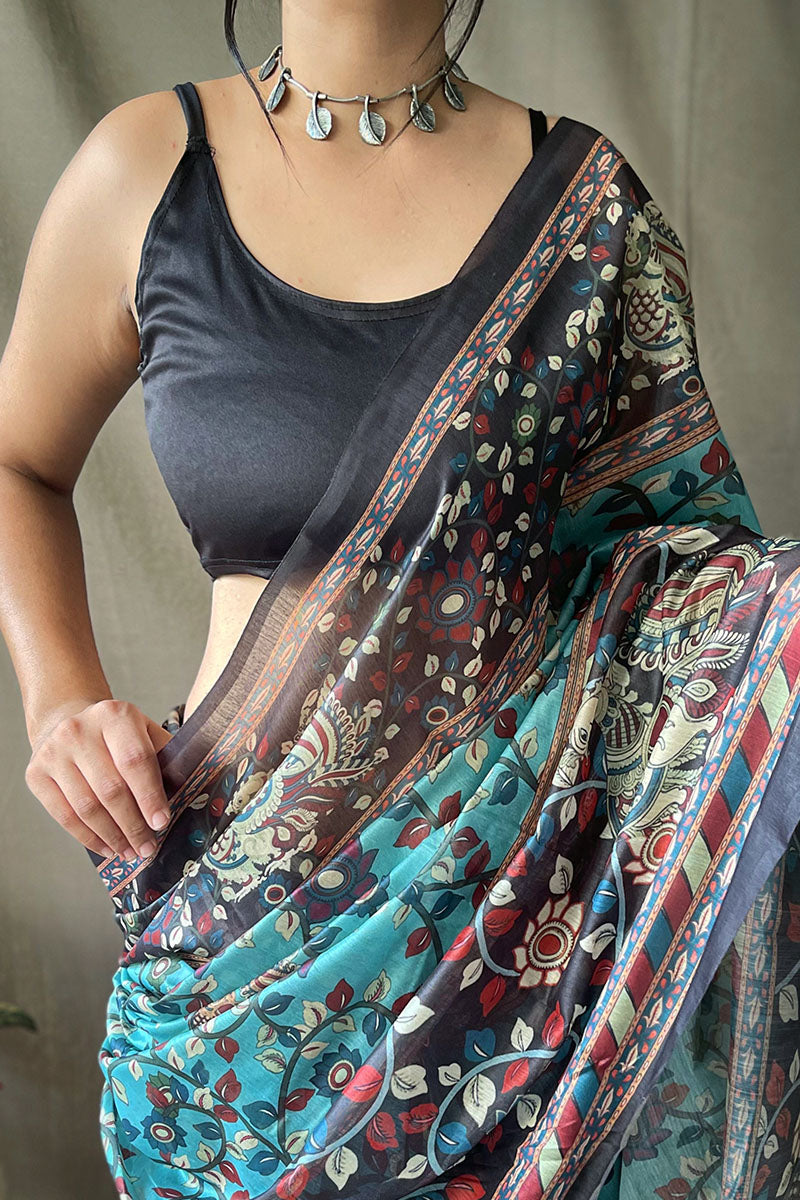 Picton Blue Kalamkari Printed Cotton Saree