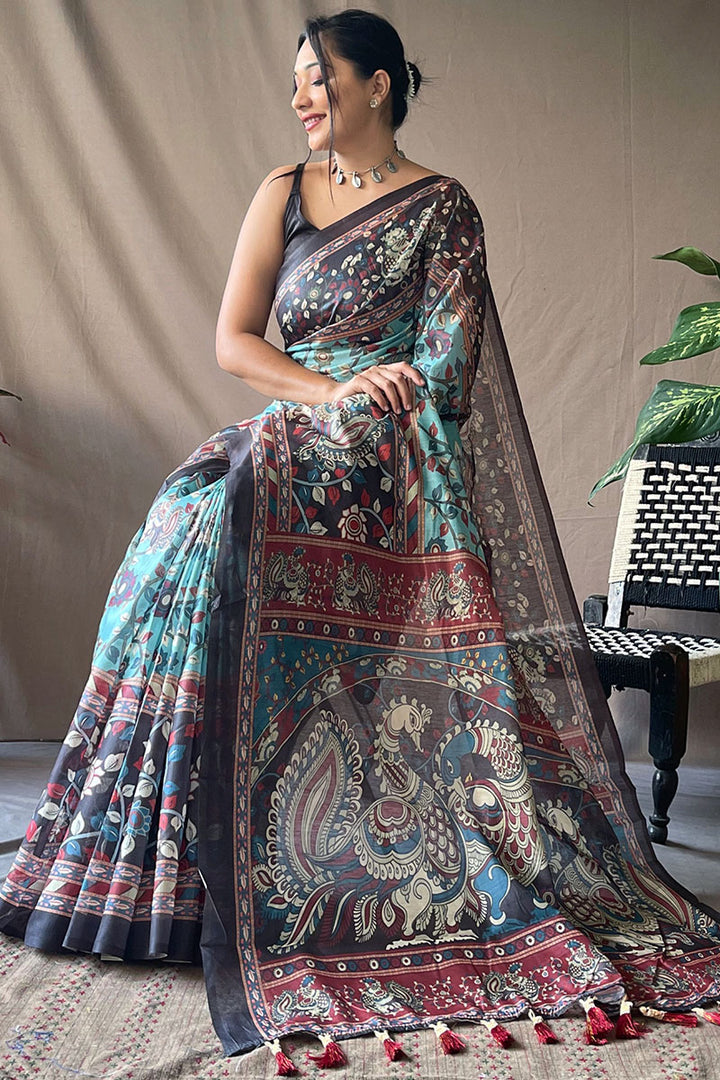 Picton Blue Kalamkari Printed Cotton Saree