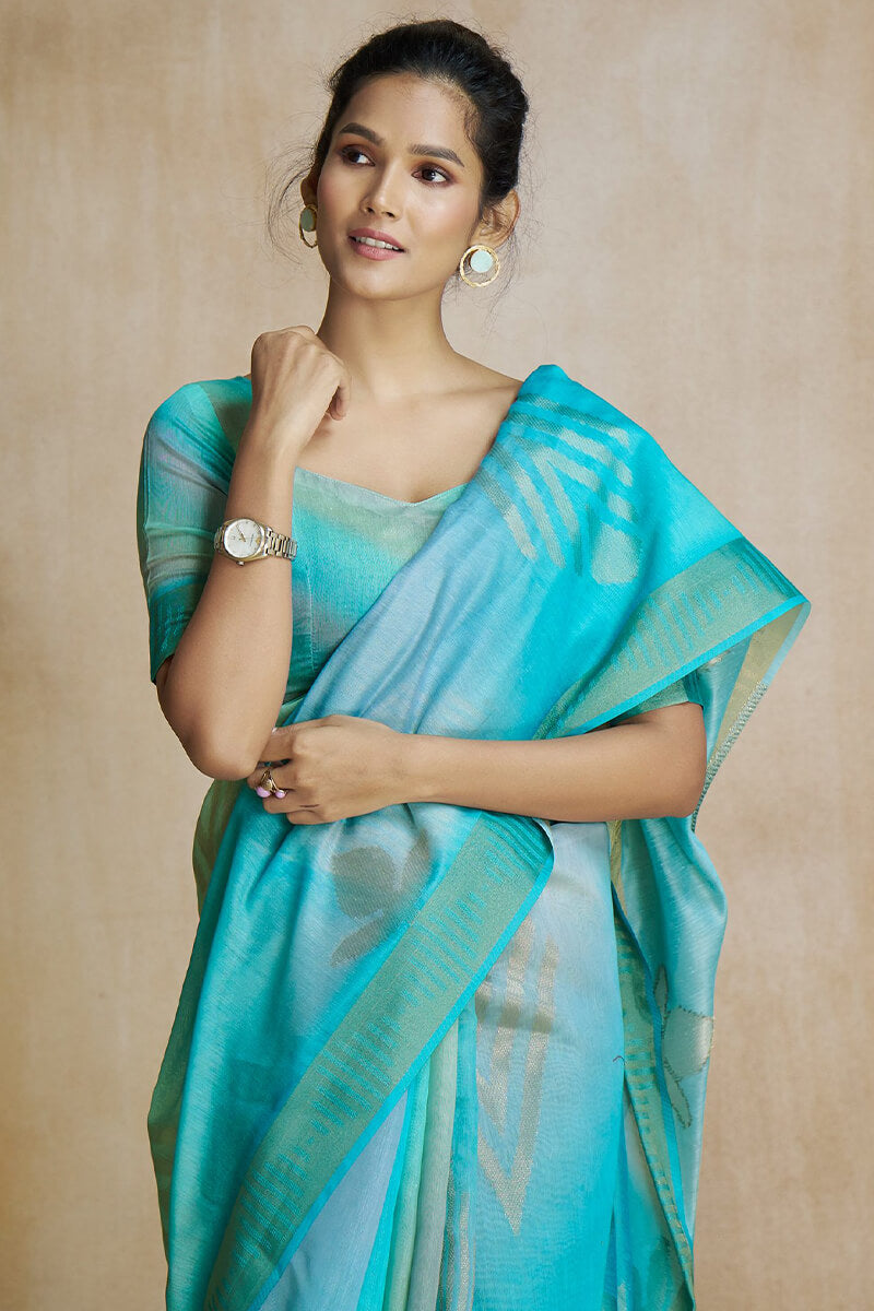 Picton Blue Silk Saree with Digital Print